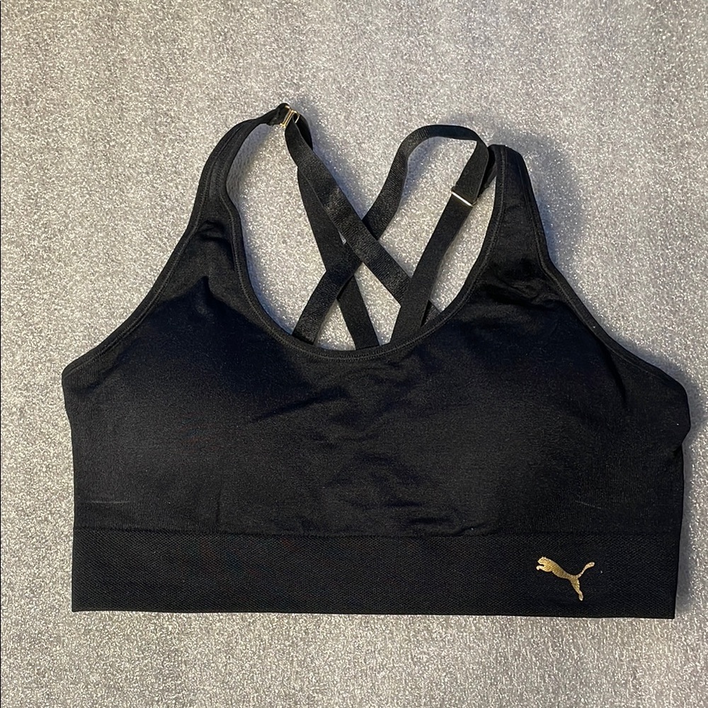 Puma Black and Gold Logo Racerback Sports Bra  strappy L Large - Picture 5 of 9